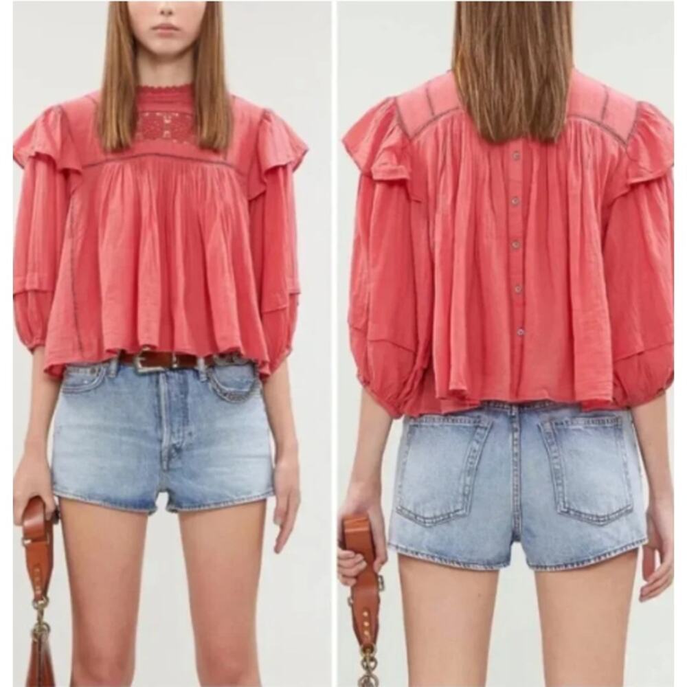 Free People 'Laura' Eyelet Lace Blouse in RED BERRY (M)